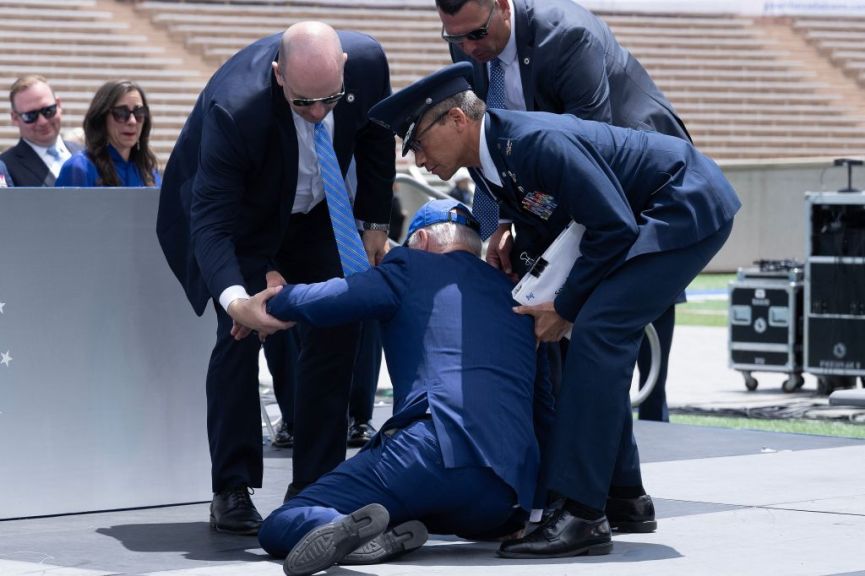 Joe Biden trips and falls at US Air Force Academy graduation ceremony