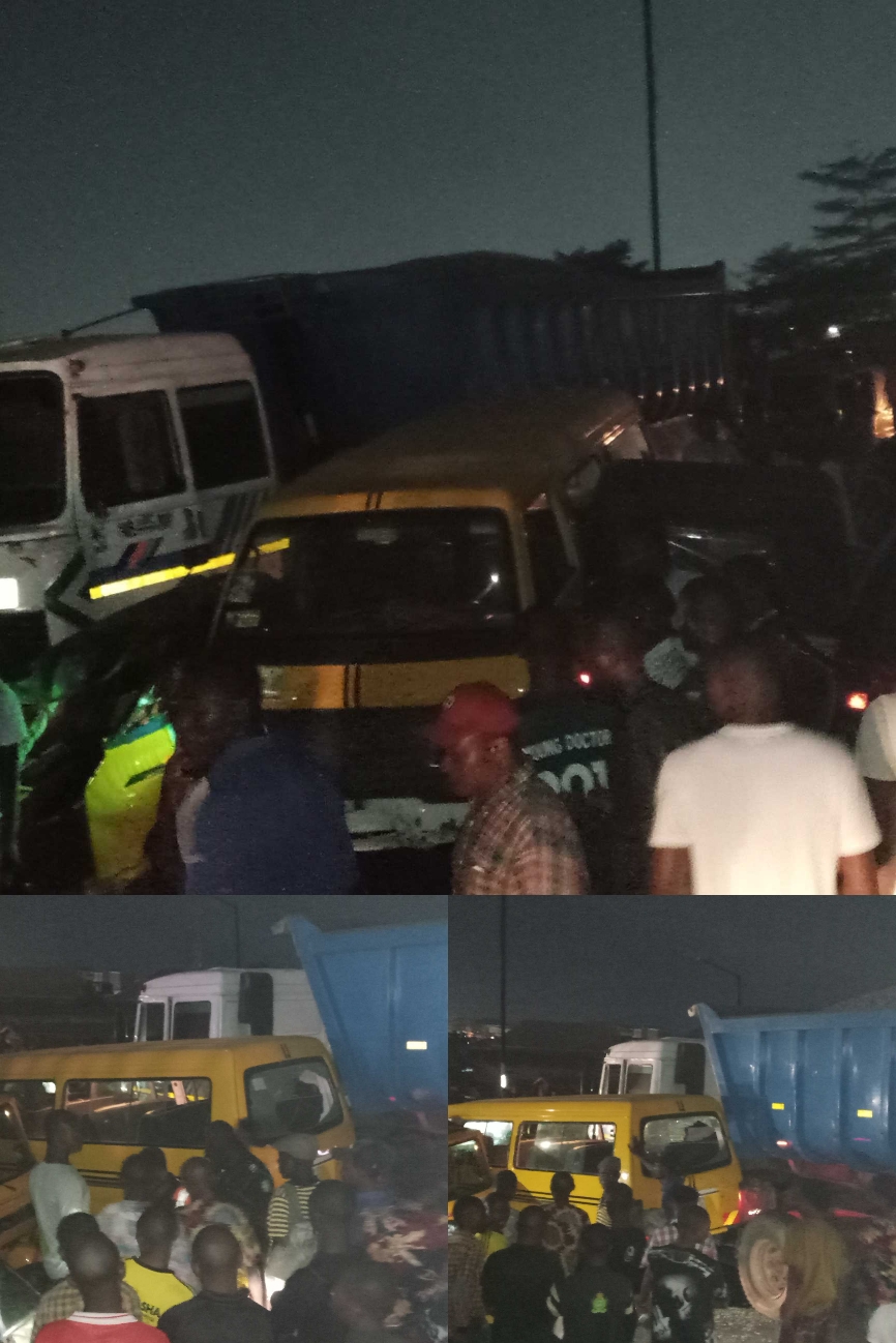 JUST-IN: Several Injured As Accident Involved Truck, Bus, Car, three Tricycles On Oworonshoki Bridge